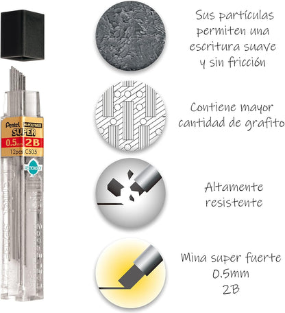 Pentel Super Hi-Polymer Lead Refill, 0.5mm, Fine, H, 144 Pieces of Lead (C505-H)