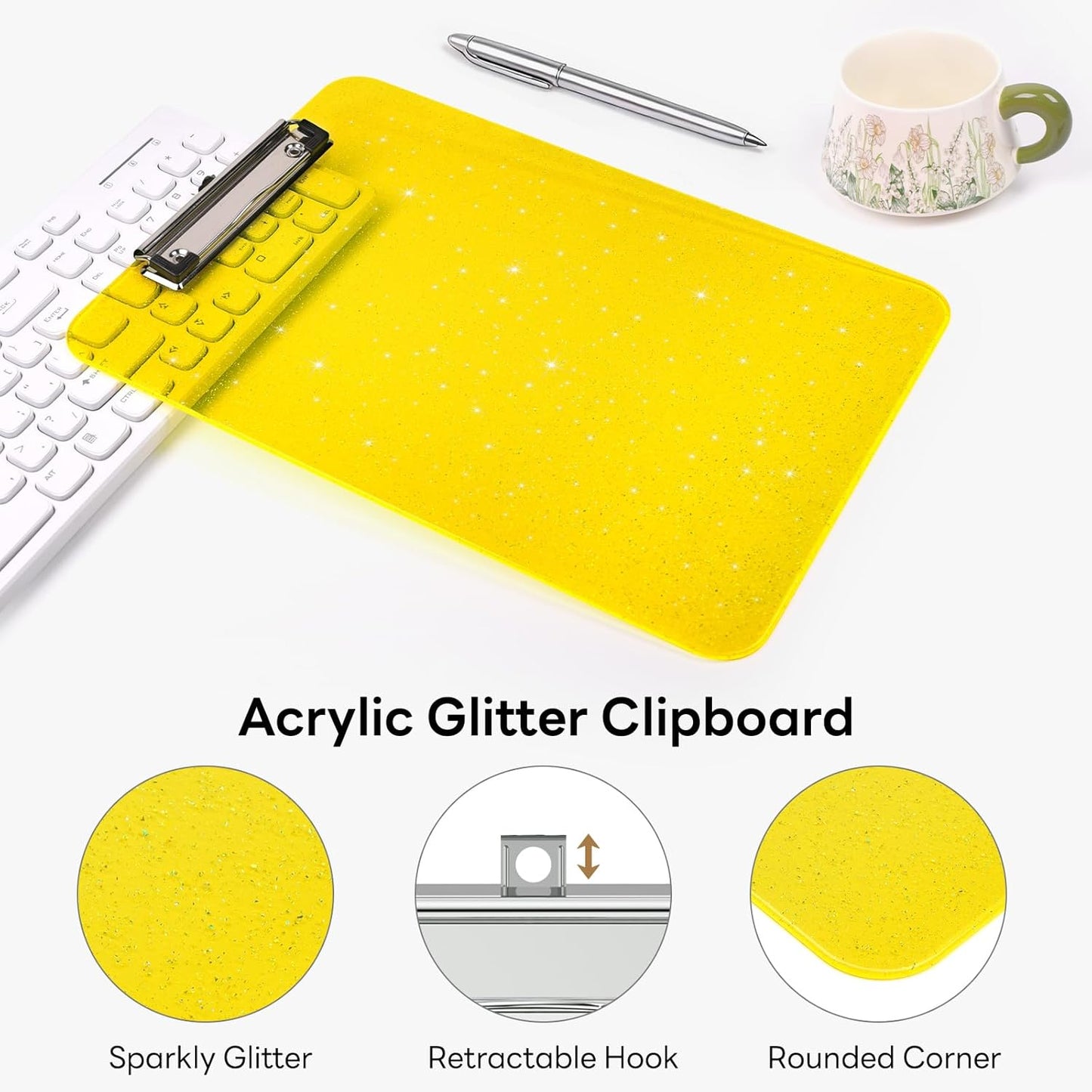 A4 Plastic Glitter Clipboard, Sparkly Pink 12.5 x 9 Letter Size for Classroom, Students, Teacher, Nurse, 8.5 x 11 Clip Board with Low Profile Clip, Office & School Supplies