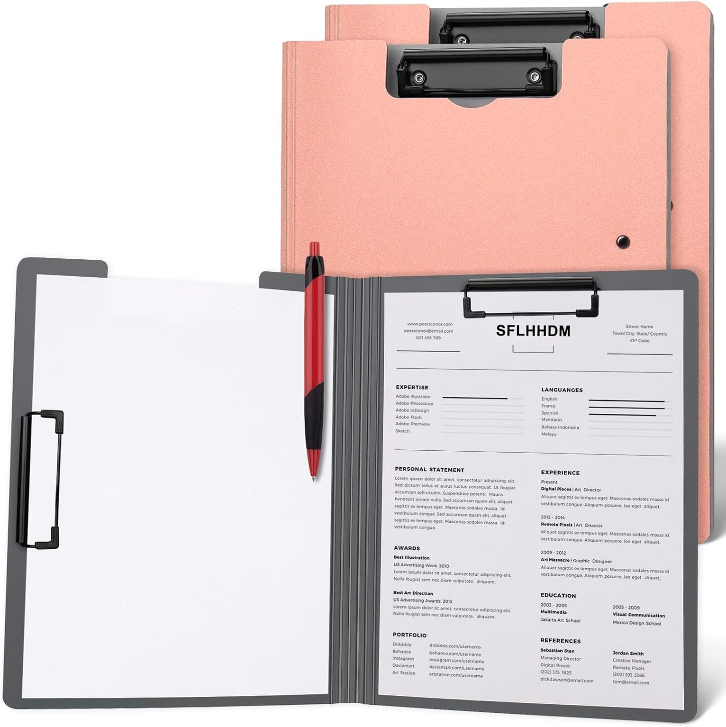 2 PCS Clipboard Foldable,360°Cover Folder Clipboard Plastic Clipboards with Double Low Profile Clip,File Folder Storag Clipboards for A3 A4 Paper, Clip boards for Office School Supplies-Pink