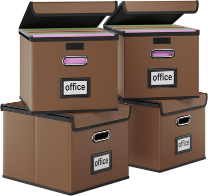 Huolewa Upgraded Portable File Organizer Box with Lid, Collapsible Linen Hanging Filing Storage Boxes with Plastic Slides, Decorative Home/Office Filing System Box for File and Folders Storage (Gray)