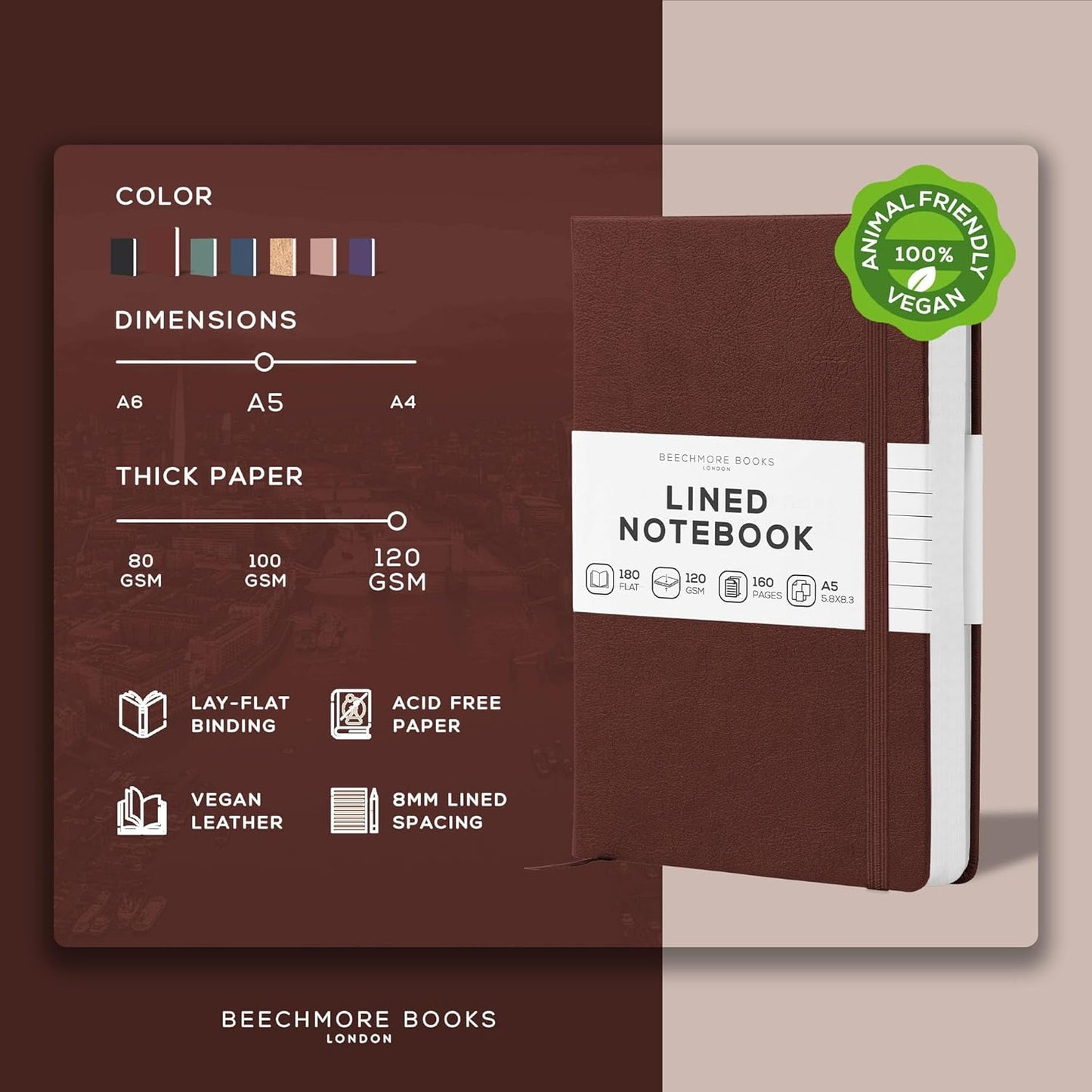 BEECHMORE BOOKS Large Lined Journal Notebook, 8.5" x 11.5" (A4) Hardcover Vegan Leather Executive Diary for Work, Thick 120gsm Paper, Lay-Flat Binding, Gift Box