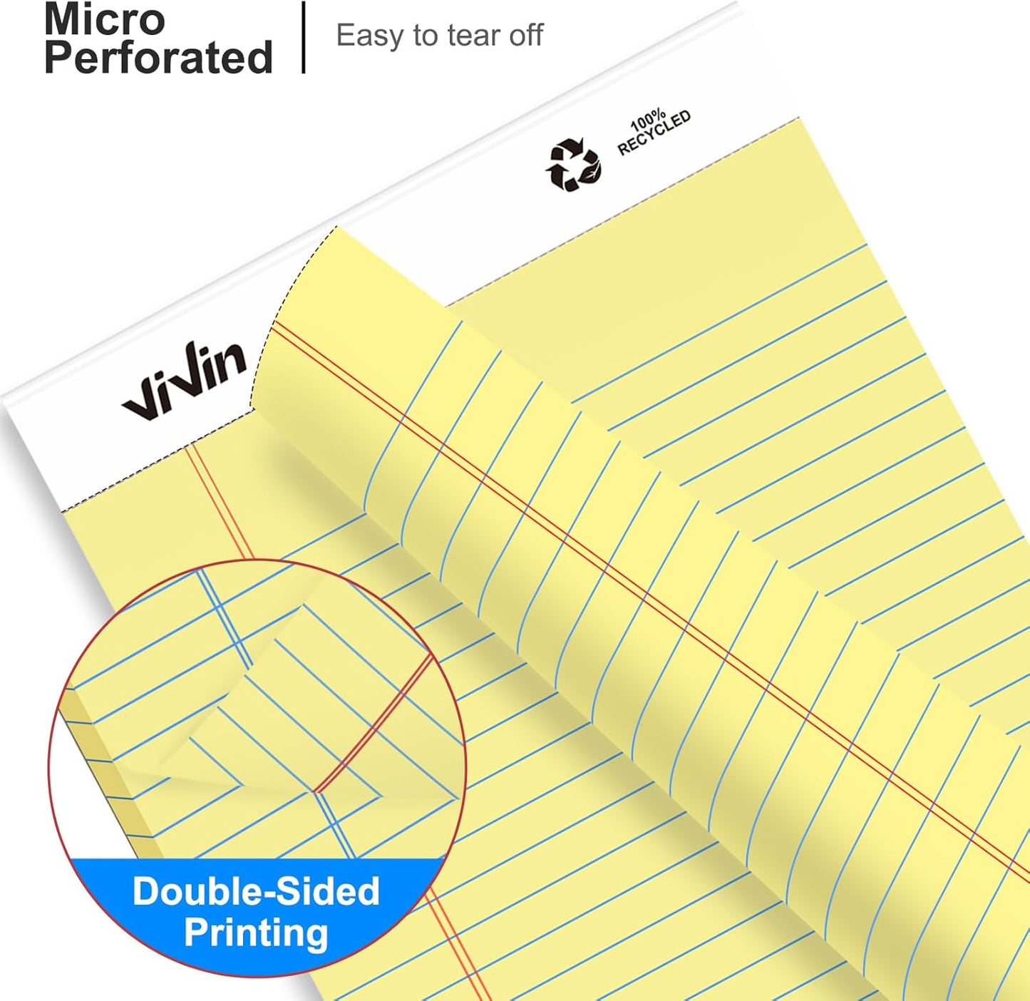 ViVin Legal Pads 8.5 x 11 Inch, Wide Ruled Note Pads, 12 Pack, 50 Sheet/Pad, Perforated Writing Pads, Notepads for Office Home School, 600 Sheets, White Paper