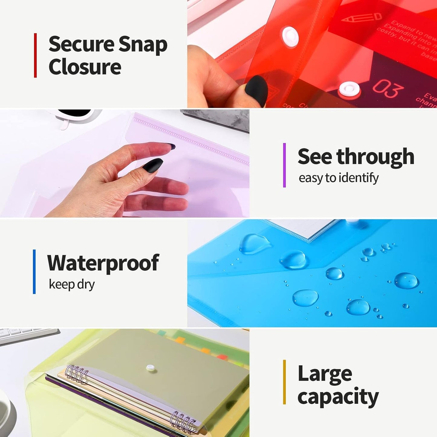 LEOBRO Plastic File Folders with Pocket, 24PCS Plastic Envelopes with Snap Closure, Folders for Documents, Reusable File Bags, A4 Size