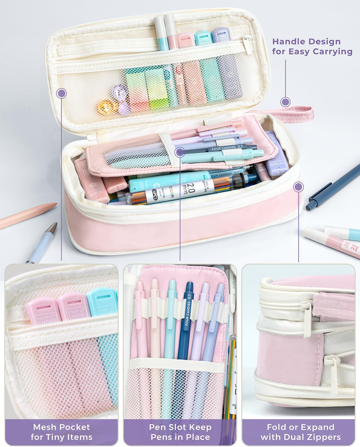Four Candies 42PCS Aesthetic School Supplies, Mechanical Pencil Set 0.5mm, 0.7mm, 0.9mm, 2.0mm with 696 Lead Refills, Pastel Mechanical Pencils for Writing, Drawing & Drafting (Cream)