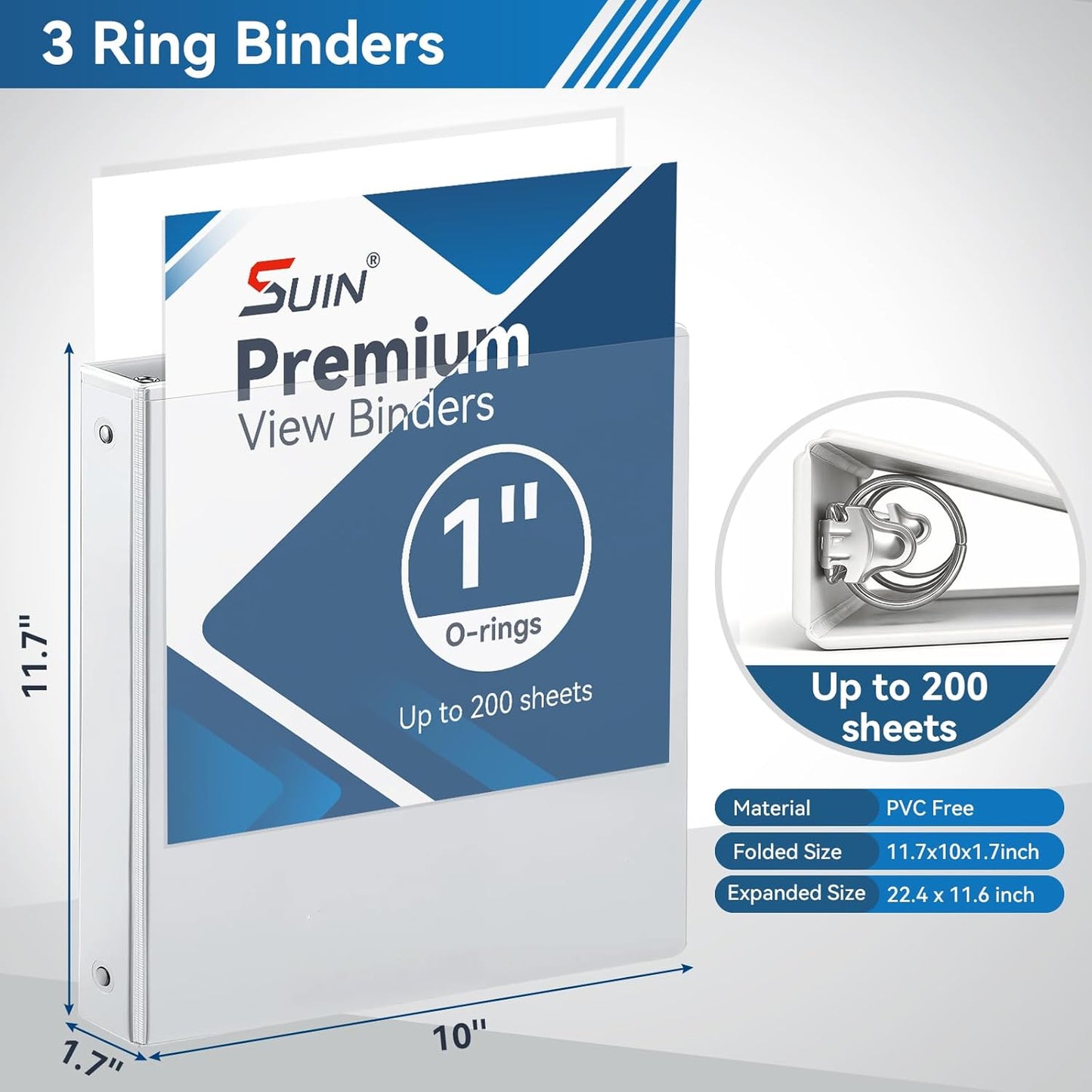 SUIN 1-inch 3 Ring Binder with 2 Interior Pockets, 1''Durable Binders Holds US Letter Size 8.5'' x 11'' Paper - Versatile Binders for Office, Home, and School Use, 6 Pack Black