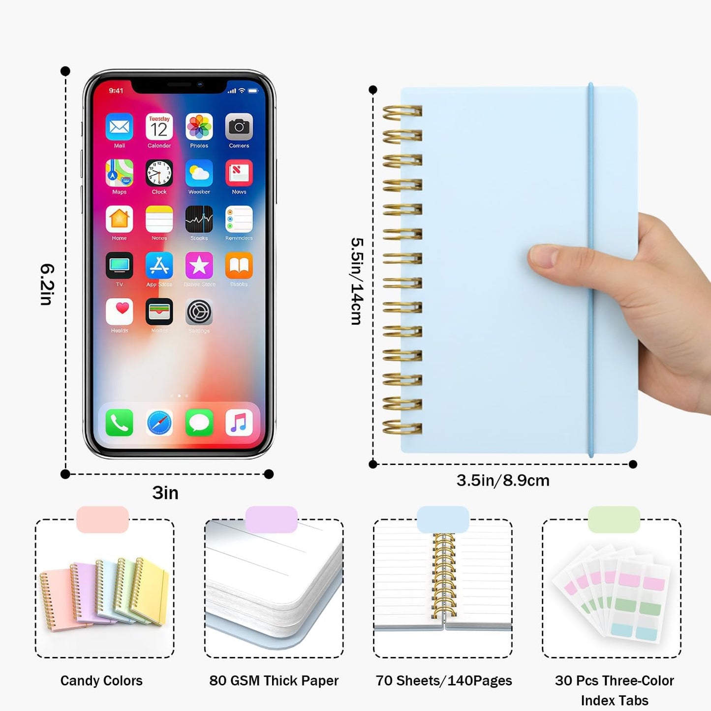 4 Pack 5x7 Small Spiral Notebook, Hardcover Spiral Journal Notebook with Removable Dividers Tabs, Note Books for Note Taking, Work, School, Cute Notebooks with Strap 50 Sheet