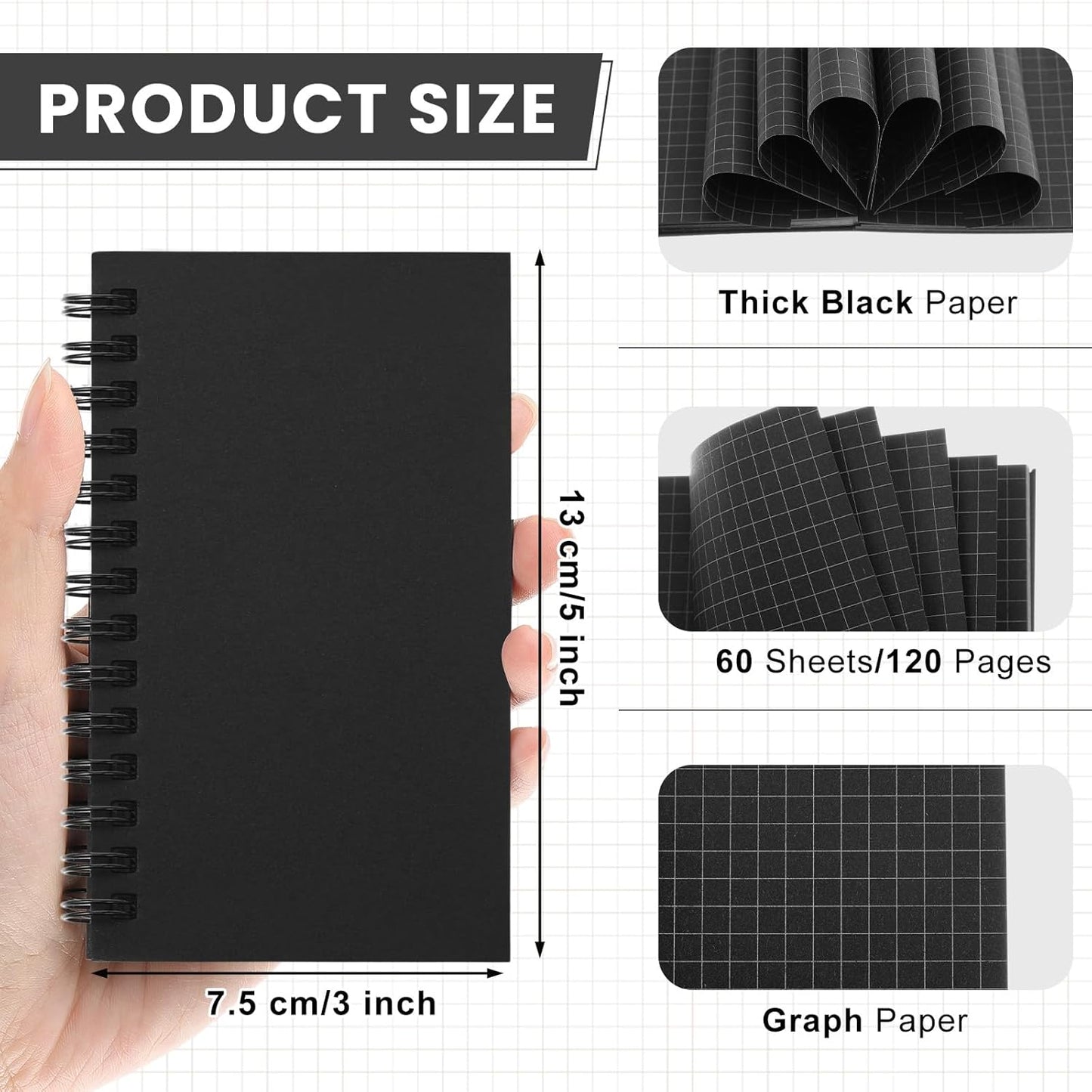 Jutom 6 Pcs Small Graph Paper Pads Notebook Mini Spiral Notebooks Grid Paper 3 x 5 Inch Pocket Notepads 120 Pages Mini Notepads for Office School Work Math Meeting (Black)