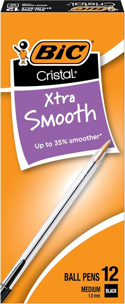 BIC Cristal Xtra Smooth Black Ballpoint Pens, Medium Point (1.0mm), 12-Count Pack, Extra Smooth and Reliable Ballpoint Pens