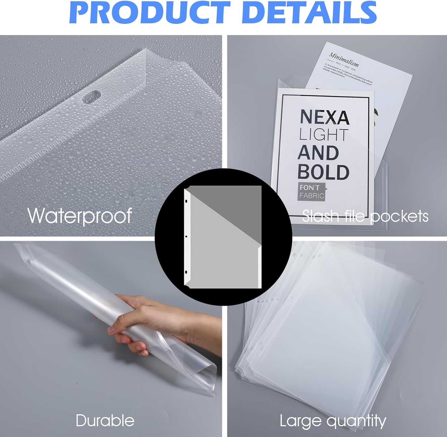 48 Pcs Binder Pockets for 3 Ring Binder Clear Plastic Folders Sleeves 3 Hole Punch Document Dividers Poly Slash File Jacket Organizer with Pockets for Office Home School, Clear