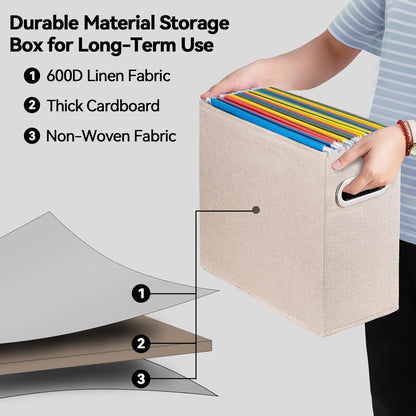 4 Pack Letter Size File Storage Box Collapsible, Fabric Hanging File Folders Organizer, Portable Office Document Holder with Metal Handle, Smooth PVC Rails, Beige