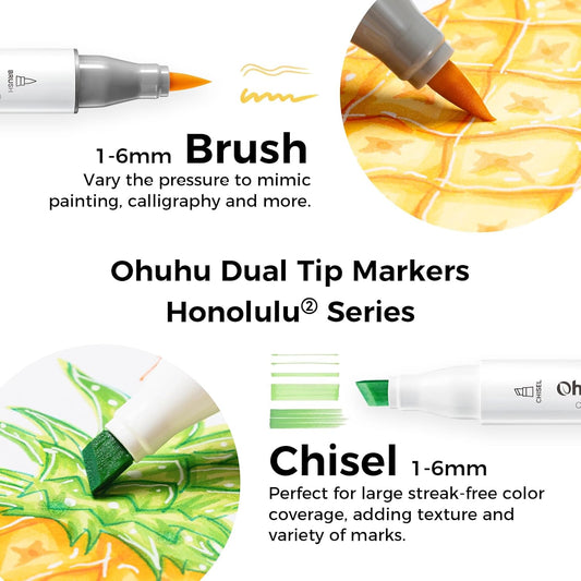 Ohuhu Alcohol Markers Brush and Fine Tip - 48-Color Alcohol-based Art Sketch Marker Set for Artist Adults Coloring Illustration - Brush and Fine Dual Tips- Honolulu 2B - Refillable - AP Certificated