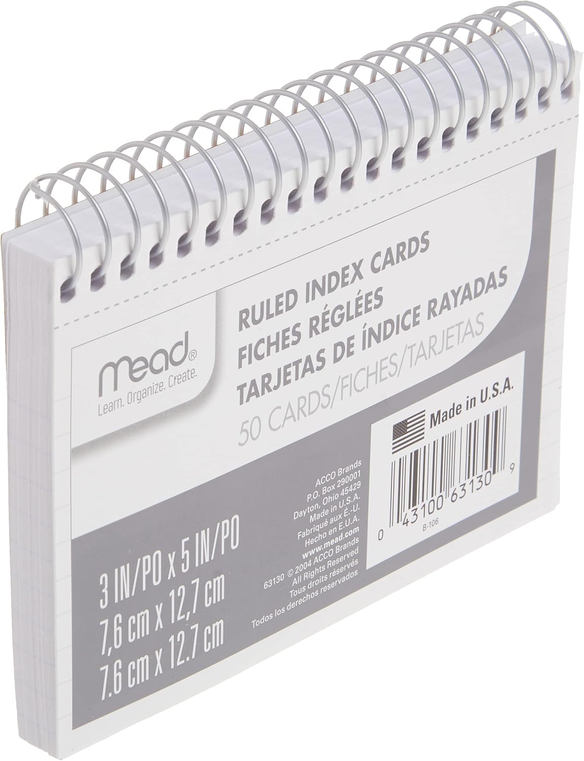 Mead Index Cards, 3" x 5", Ruled Front, Blank Back, 50 Cards, White (63130)