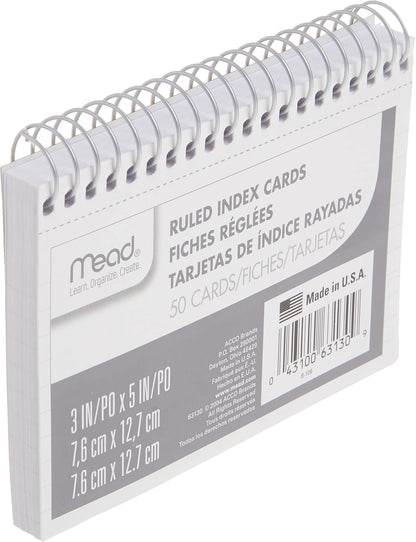 Mead Index Cards, 3" x 5", Ruled Front, Blank Back, 50 Cards, White (63130)