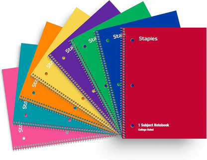 STAPLES 1‑Subject Spiral Notebook, 8” x 10.5”, College Ruled, 70 Sheets, Assorted Colors, 6‑Pack