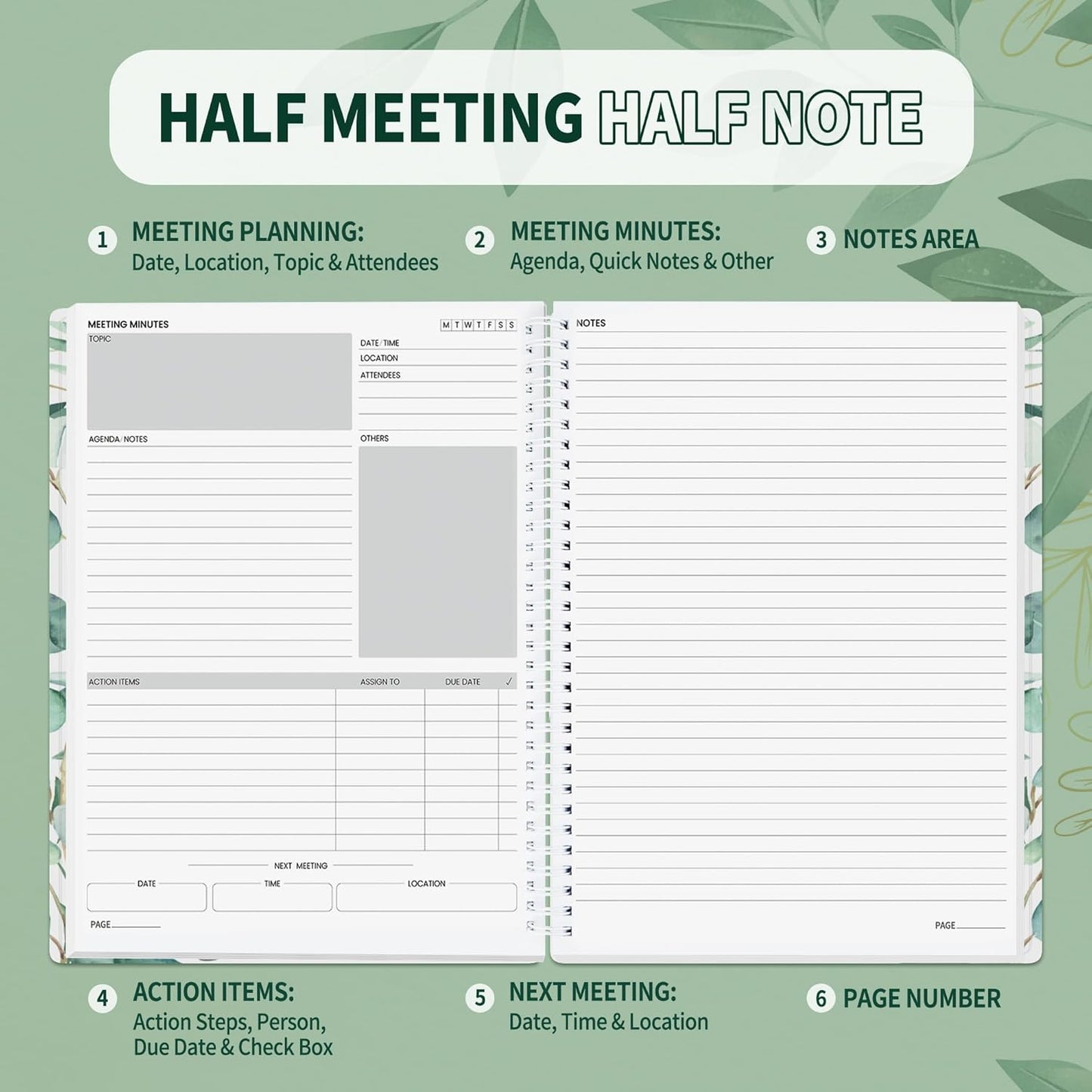 SUNEE Half Meeting Half Note - 7.5"x10" Professional Notebooks for Work - 160 Pages, B5 Size Project Planner, Spiral Meeting Agenda/Minutes Organizer for Women Men, Note Taking, Office & Business