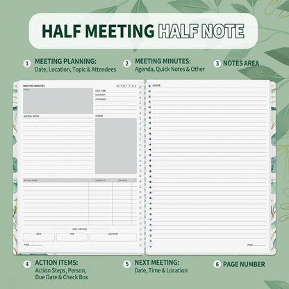 SUNEE Half Meeting Half Note - 7.5"x10" Professional Notebooks for Work - 160 Pages, B5 Size Project Planner, Spiral Meeting Agenda/Minutes Organizer for Women Men, Note Taking, Office & Business