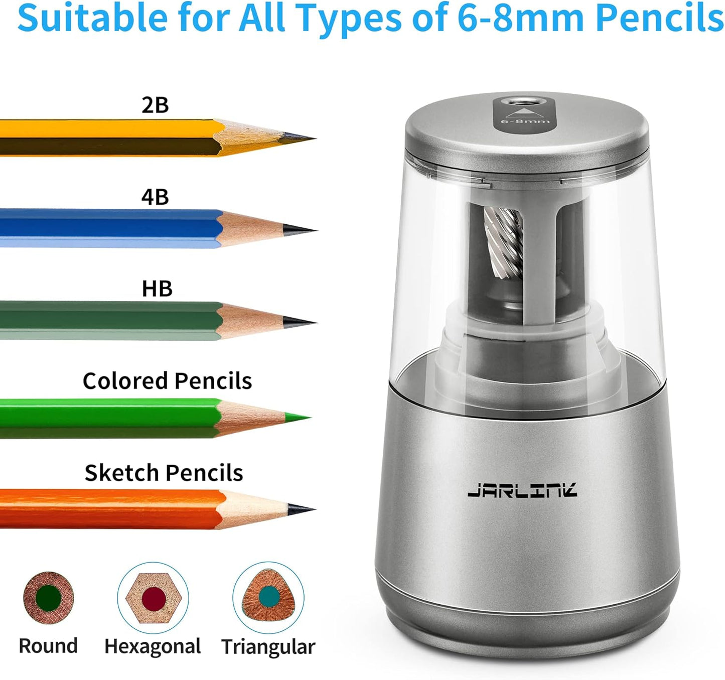 JARLINK Electric Pencil Sharpener, Heavy-Duty Helical Blade to Fast Sharpen, Auto Stop for No.2/Colored Pencils(6-8mm), AC Adapter/Battery Operated in School Classroom/Office/Home (Black)