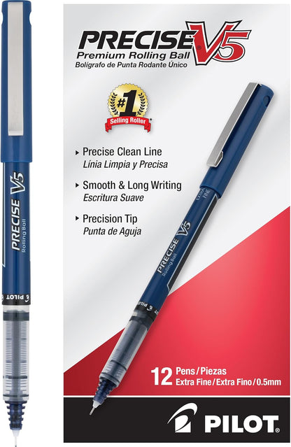 PILOT Precise V5 Stick Liquid Ink Rolling Ball Stick Pens, Extra Fine Point (0.5mm) Assorted Ink Colors, 12-Pack (31888)