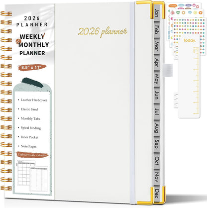 2026 Planner, Weekly and Monthly Calendar Planner from January 2026 - December 2026, 8.5" x 11" Hardcover Leather Hourly Appointment Book with Tabs, Spiral Daily Planners for School Work Home, Green