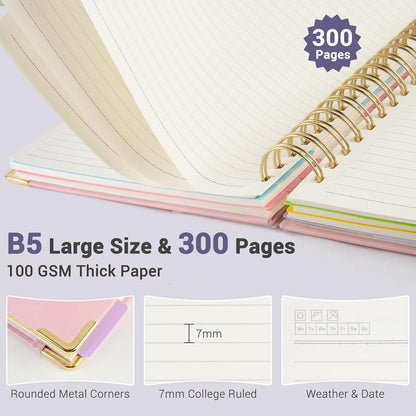 Hardcover Spiral Journal Notebook, 300 Pages 5 Subject Notebook College Ruled with Removable Dividers Tabs, 8" x 10" Notebooks for Work, Spiral Ruled Lined Writing Journal Hardcover Leather Notebook for School (Black, 8''x 10'')