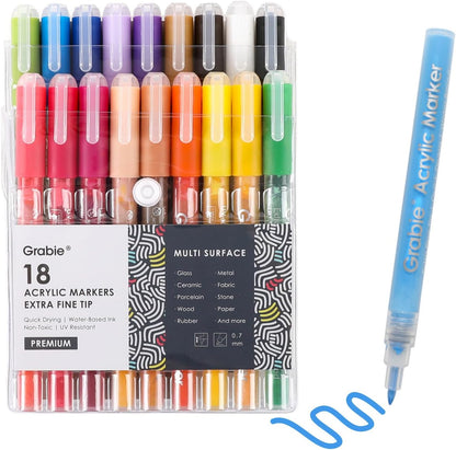 Grabie Black & White Extra Fine Tip Acrylic Paint Marker Set, 6 Pack, 0.7mm Acrylic Paint Pens for Highlights and Fine Details on Drawings, Rock Painting Glass Canvas Wood, White Highlight Markers