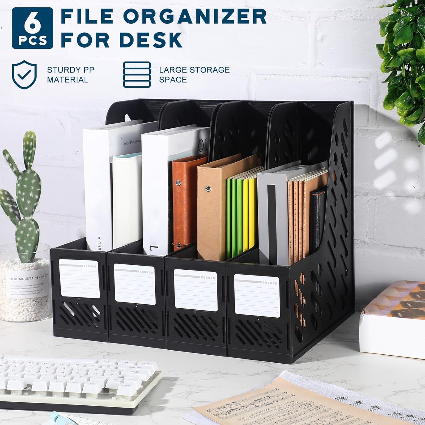 Glenmal 6 Pcs Plastic Magazine File Holder Collapsible Vertical Magazine Rack Holder Desk Folder Organizers Binder for Home Office School Desktops Aesthetic Storage Accessories(Black)