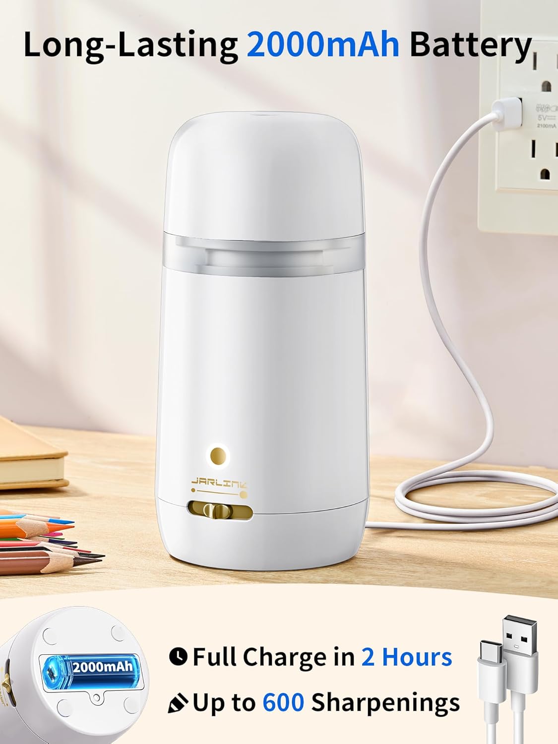 JARLINK Automatic Electric Pencil Sharpener - Hands-Free Operation, 3 Sharpness Modes, 3-Second Sharpening, Rechargeable & Portable for 7-12mm Pencils, Ideal for Classroom and Home Use (Black)