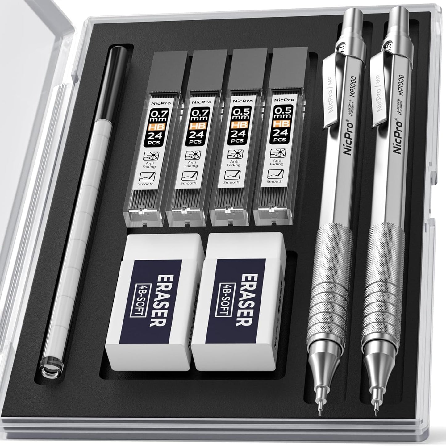Nicpro 2 PCS Mechanical Pencils 0.5mm & 0.7 mm with Case, MP1000 Metal Artist Pencil Set with 4 Tubes HB Lead Refills, 2 Erasers, 9 Eraser Refills For Art Writing Drafting Drawing, Black & Silver