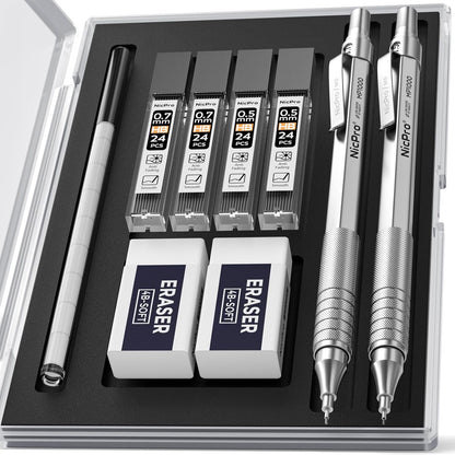 Nicpro 2 PCS Mechanical Pencils 0.5mm & 0.7 mm with Case, MP1000 Metal Artist Pencil Set with 4 Tubes HB Lead Refills, 2 Erasers, 9 Eraser Refills For Art Writing Drafting Drawing, Black & Silver