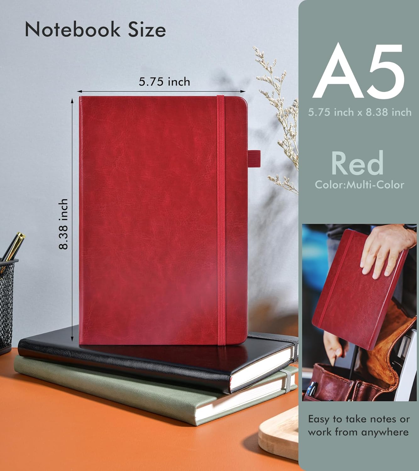 Lined Journal Notebook for Men Women, 200 Numbered Pages Leather Hardcover Journal with Pen, A5 Journaling Notebooks, Thick Paper College Ruled Journals for Writing Work Business 5.75'' X 8.38'' Black