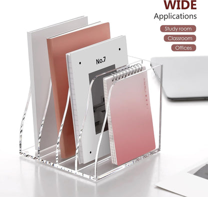 SANRUI Desk Organizer Clear Acrylic Desk Magazine File Holder with 3 Vertical Sections Magazine Rack File Organizer for Office, Home, School