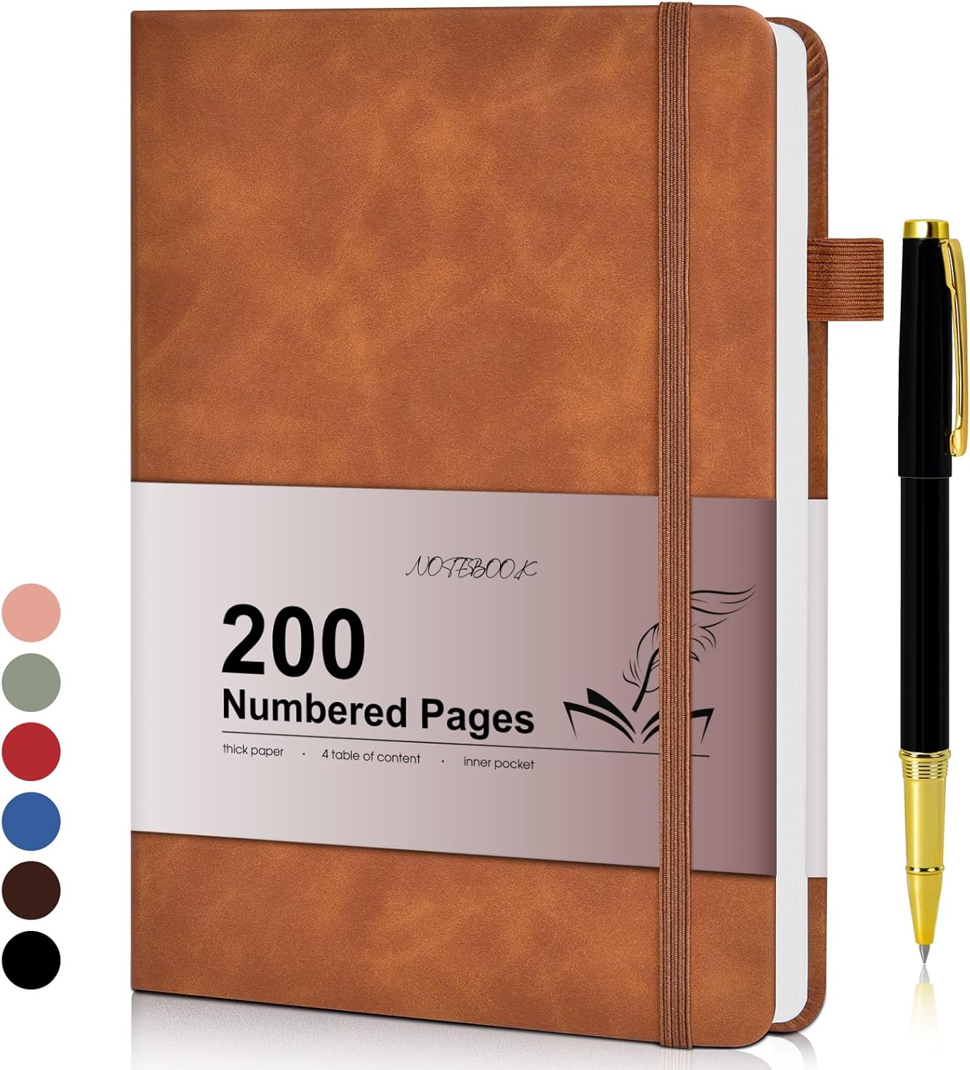 Lined Journal Notebook for Men Women, 200 Numbered Pages Leather Hardcover Journal with Pen, A5 Journaling Notebooks, Thick Paper College Ruled Journals for Writing Work Business 5.75'' X 8.38'' Black