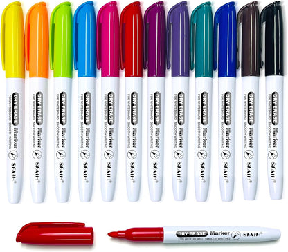 SFAIH Black Dry Erase Markers Fine Tip - 12 Pack Whiteboard Markers Standard Set For Office Teams, Teachers, Classrooms, Training Sessions | Low-Odor