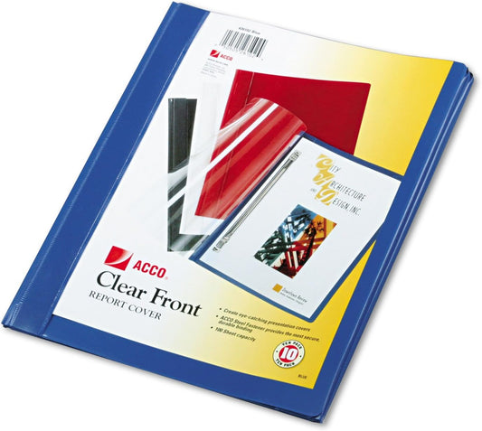 ACCO 26102 Clear Front Report Covers: Prong Fastener, 1/2 Cap., Blue Vinyl Back, 10/pk