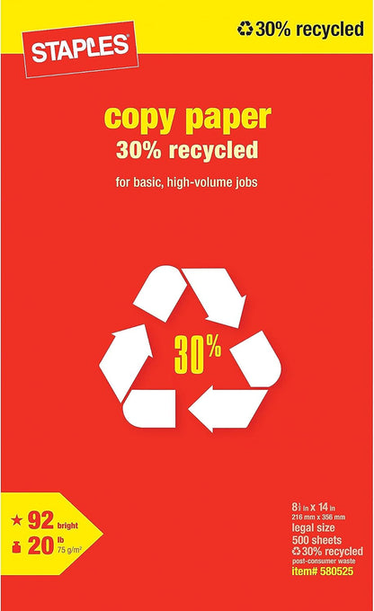Staples 30% Recycled 11x17 Paper 20 lbs 92 Bright 500/Ream, For Office, School & Home