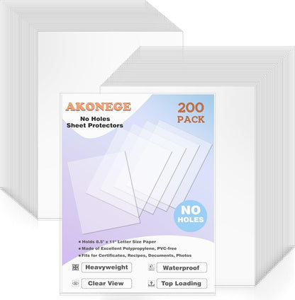 AKONEGE 50 Pack No Holes Sheet Protectors 8.5 x 11 Inch Letter Size Page Protectors for Documents, Prints, Top Loading Heavyweight Clear View Plastic Sleeves for Papers, Artworks, Photos