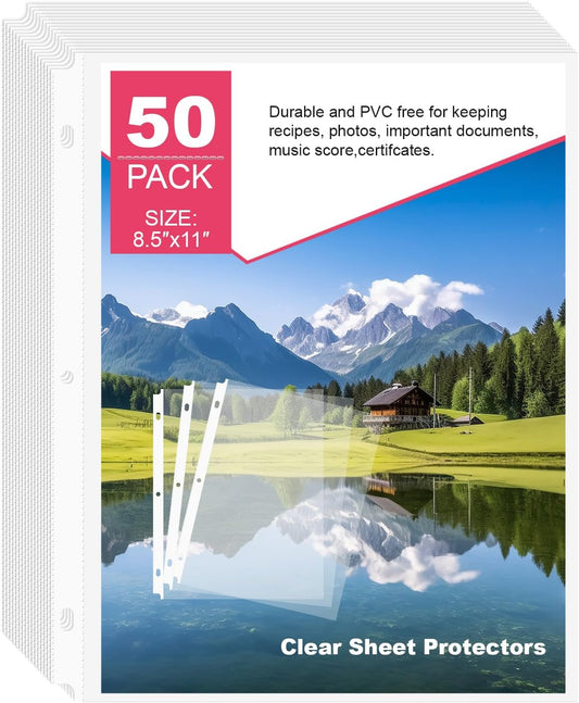 Sheet Protectors 50 Pack | Fits 8.5x11 Paper & 3-Ring Binders | Glare-Reducing Textured Surface with Reinforced Edges | Acid-Free Top-Loading for Home, School & Office