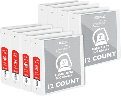 BAZIC Products 3 Ring Binder 3" View Binders Slant D Ring Organizer - White, Hold 600 Sheets Paper, for School Office Home, 2-Count