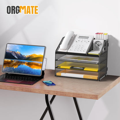 Letter Tray Paper, 4 Tier Desk Organizer with Pen Holder and Handle Mesh File Organizer Paper Sorter Metal Desktop Document Shelf for Office Home Classroom -Black