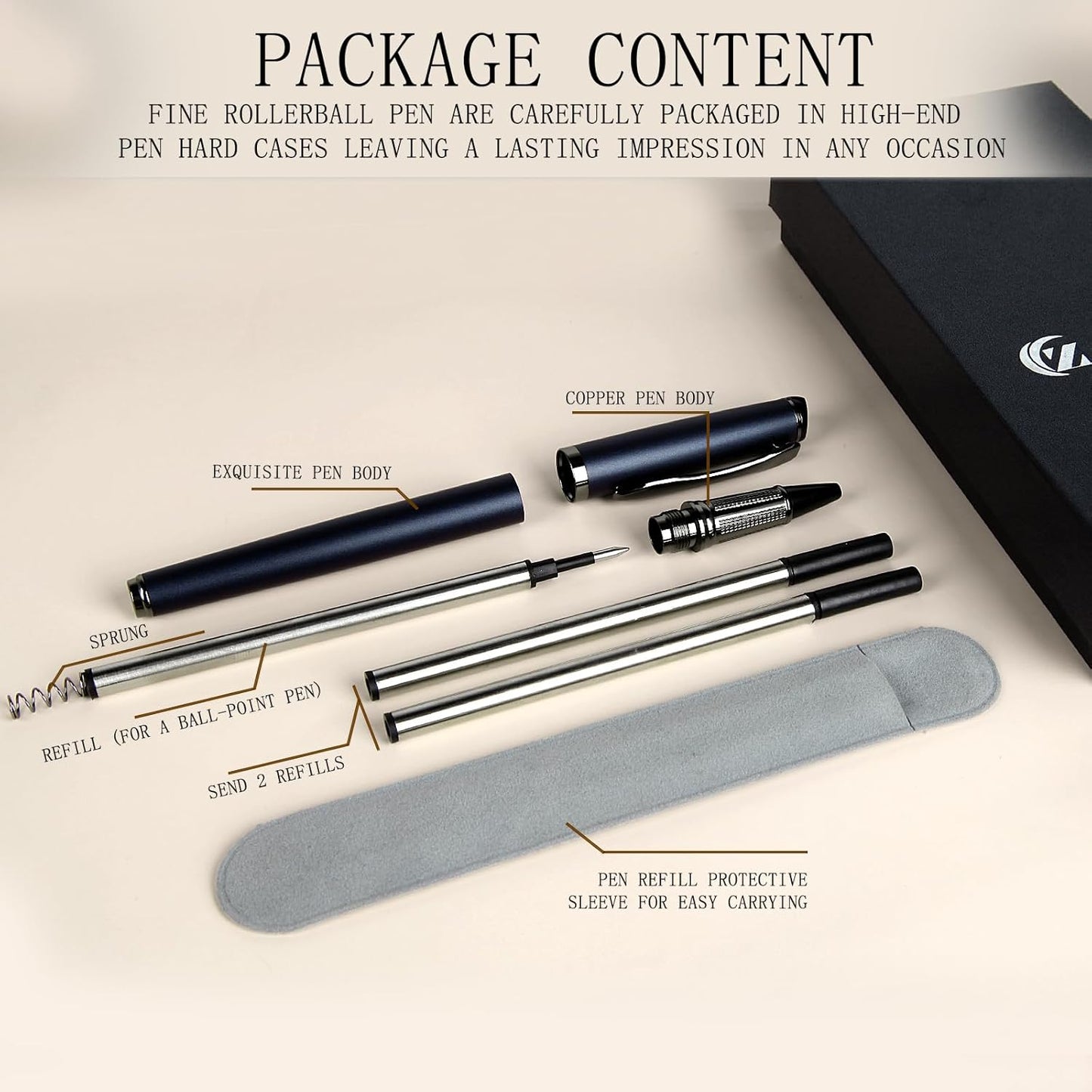 Liquid Ink Rollerball Pen,Essential Business Nice Pens,Metal pen Smooth writing stylish design effortless writing,Luxury pens with gift case for Men & Women with 2 Refills