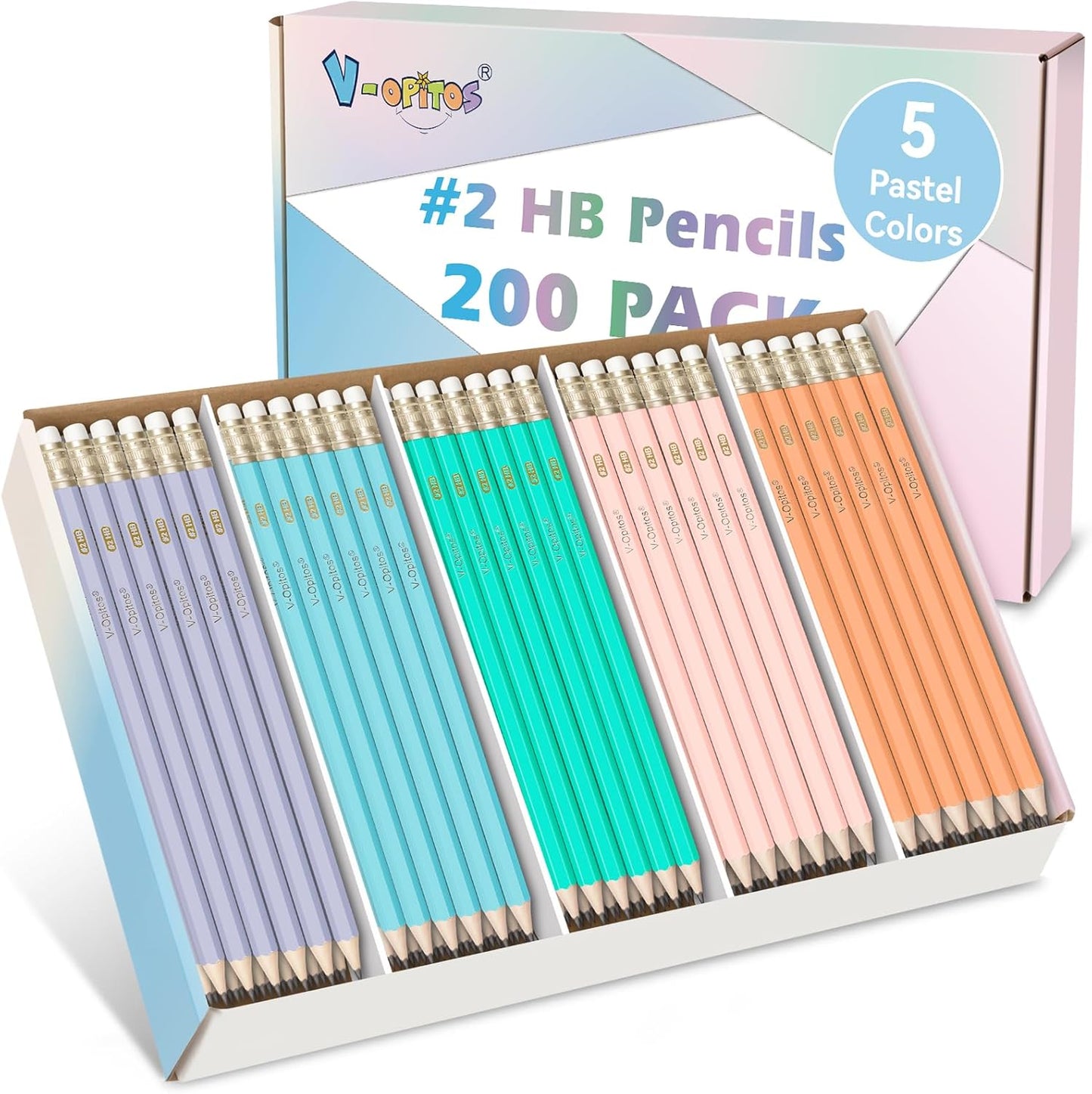 V-Opitos Wood-Cased #2 HB Pencils, 48 Pack Pre-Sharpened Pencils with Top Erasers, Bulk Pastel Color Pencils for School Teacher Supplies, Writing, Drawing and Sketching