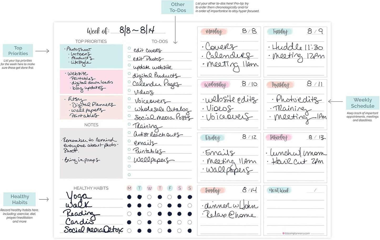 bloom daily planners Horizontal Weekly Tear-Off To Do List Planning Pad - Undated Notepad Organizer & Healthy Habit Tracker - 8.5” x 11” - Floral