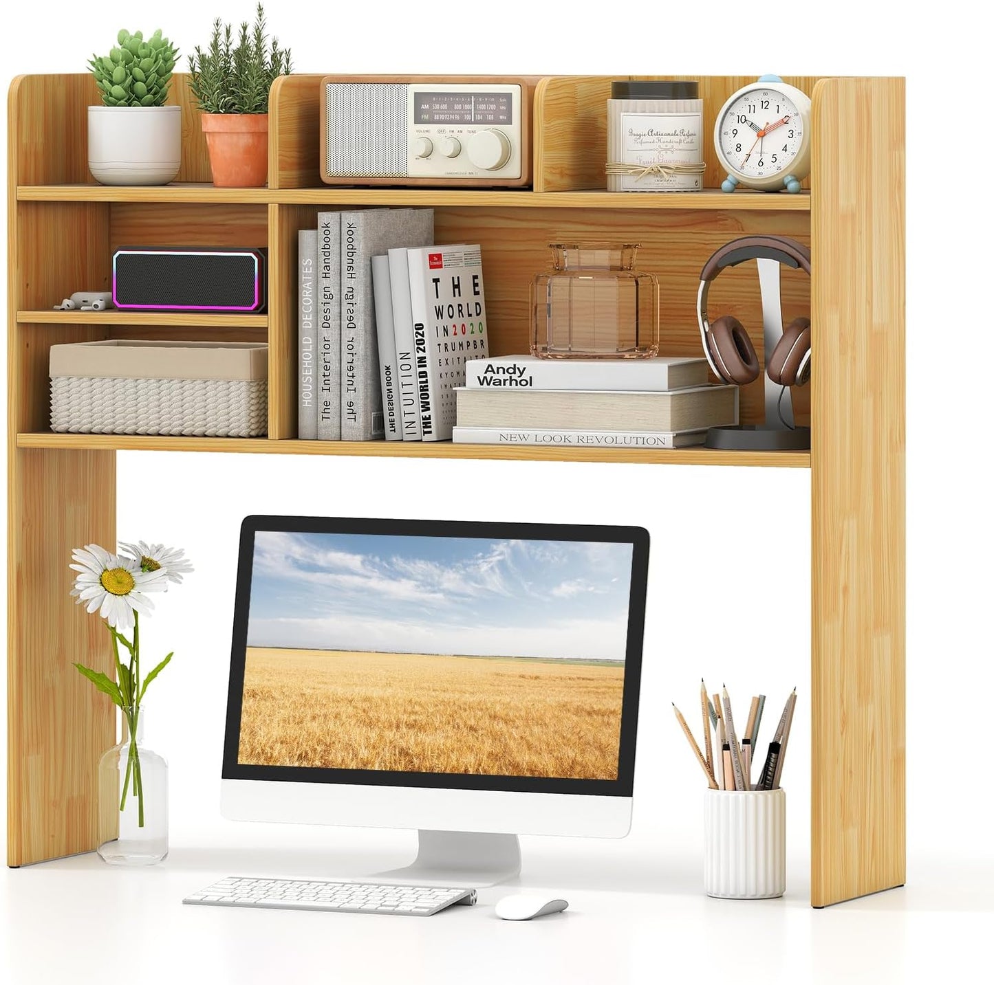 Tangkula Desktop Bookshelf, Countertop Storage Hutch with 5 Shelves for Computer Desk, Desk 3-Tier Display Rack, Multipurpose Wood Desktop Hutch Storage Organizer for Dorm Office Home
