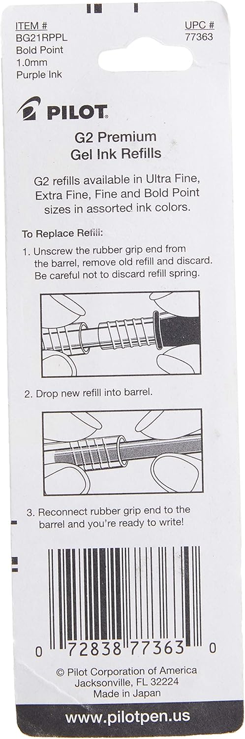 Pilot, G2 Gel Ink Refills, Bold Point 1 MM, Purple, Pack of 2