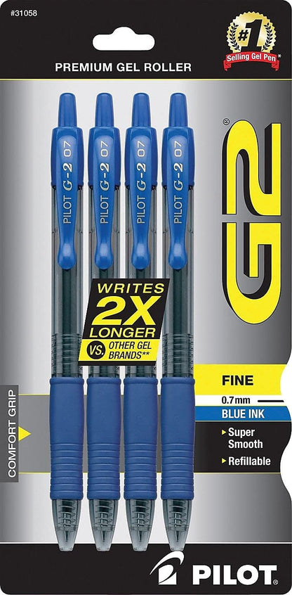 PILOT G2 Premium Refillable and Retractable Rolling Ball Gel Pens, Fine Point, Black Ink, 4-Pack (31057)