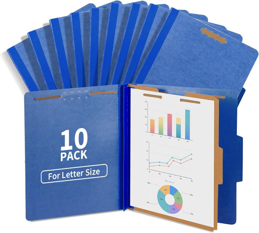 Binditek 10-Pack Pressboard Classification Folders, 1 Divider, Letter Size (8.5" x 11"), 2" Tyvek Expansions, 4 Embedded Top Fasteners (2-Prong Design), Navy