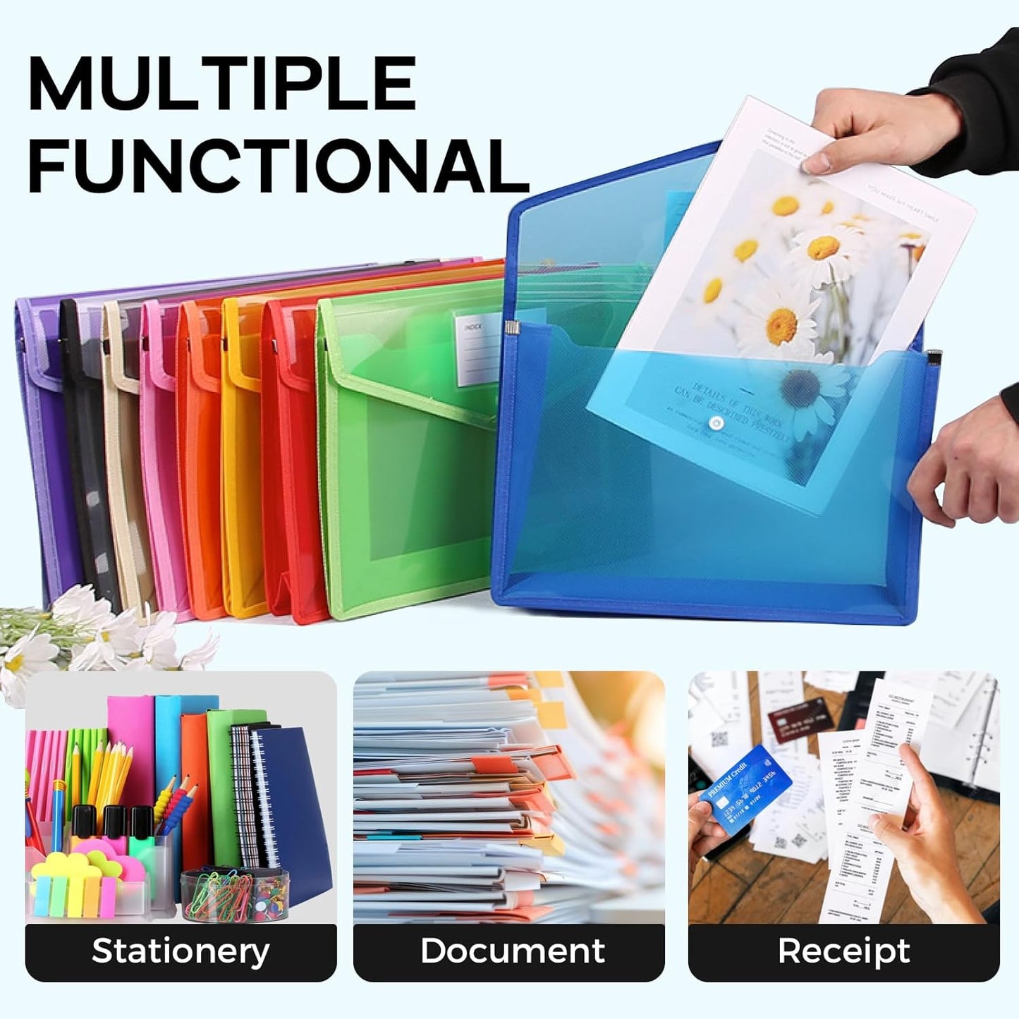 Plastic Expanding File Folder, Folders for Documents, Transparent Envelopes with Elastic Closure, File Folder Organizer Holder, Large Capacity, Fit Letter/A4 Size (2Pcs)