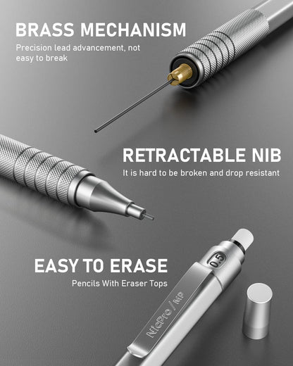 Nicpro 2 PCS Mechanical Pencils 0.5mm & 0.7 mm with Case, MP1000 Metal Artist Pencil Set with 4 Tubes HB Lead Refills, 2 Erasers, 9 Eraser Refills For Art Writing Drafting Drawing, Black & Silver