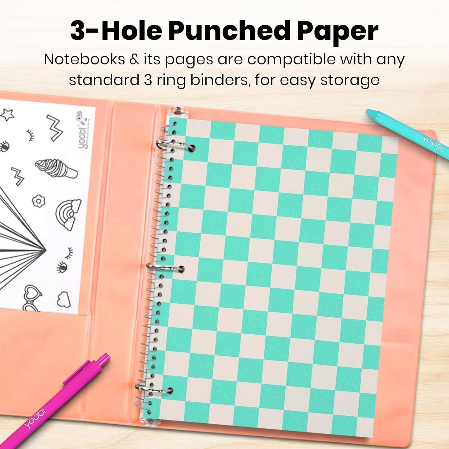 Yoobi College Ruled 8 x 10.5” Spiral Notebook Set – 3-Pack of 1 Subject Notebooks, Pink, Purple & Black Celestial Patterns – 150 Perforated 3-Hole Punched Sheets