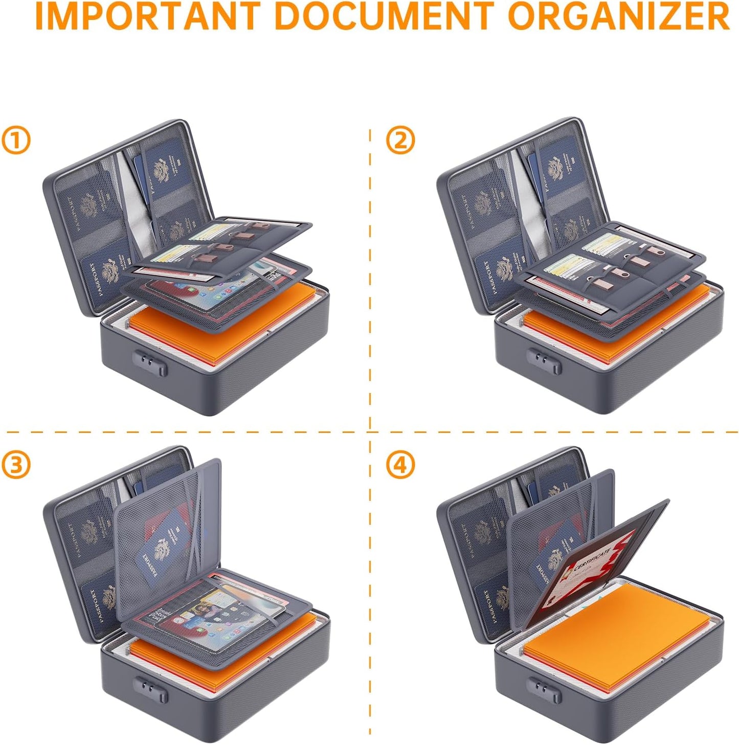 DocSafe 5200°F Document Organizer with Lock, Upgraded Heat Insulated Fireproof＆Water-Resistant Box 8 Layers File Organizer, Portable Home Travel Safe Storage for Important Documents and More